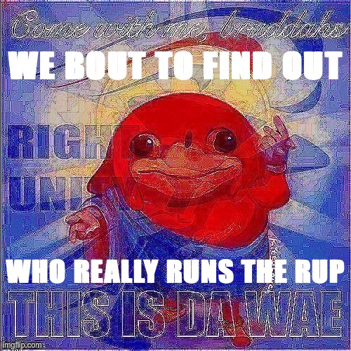 RUP Ugandan knuckles deep-fried | WE BOUT TO FIND OUT WHO REALLY RUNS THE RUP | image tagged in rup ugandan knuckles deep-fried | made w/ Imgflip meme maker