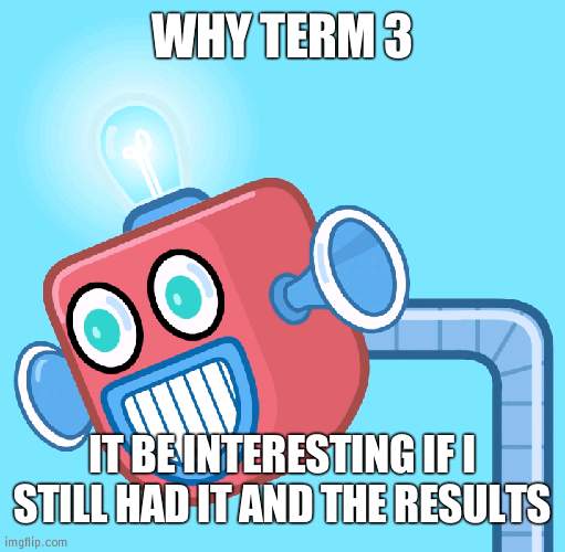 After term 3 I think I'd be done unless the stream goes awol so I would have to come back (unlikly) | WHY TERM 3; IT BE INTERESTING IF I STILL HAD IT AND THE RESULTS | image tagged in wubbzy's info robot | made w/ Imgflip meme maker