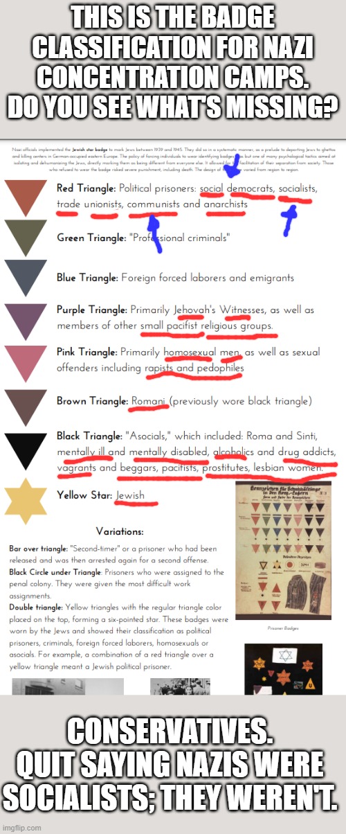 It pays to have an education... Something the Right isn't too big on. | THIS IS THE BADGE CLASSIFICATION FOR NAZI CONCENTRATION CAMPS. DO YOU SEE WHAT'S MISSING? CONSERVATIVES.
QUIT SAYING NAZIS WERE SOCIALISTS; THEY WEREN'T. | image tagged in nazi,socialists,left wing,false flag,conservative,liberal | made w/ Imgflip meme maker