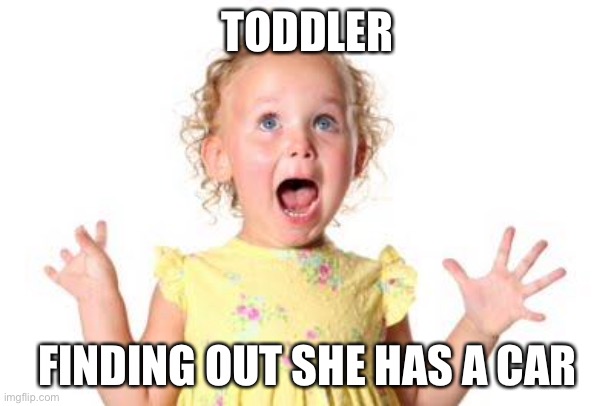excited kid | TODDLER FINDING OUT SHE HAS A CAR | image tagged in excited kid | made w/ Imgflip meme maker