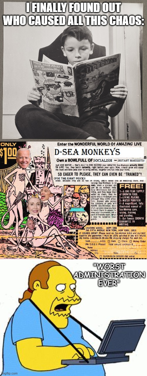 D-Sea Monkeys! | I FINALLY FOUND OUT WHO CAUSED ALL THIS CHAOS:; "WORST ADMINISTRATION EVER" | image tagged in simpsons comic book guy,biden,aoc,schiff | made w/ Imgflip meme maker
