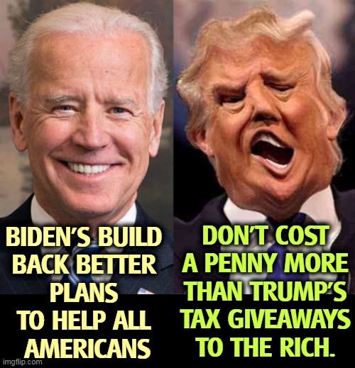 The Republicans always leave that part out. | DON'T COST A PENNY MORE THAN TRUMP'S TAX GIVEAWAYS TO THE RICH. BIDEN'S BUILD 
BACK BETTER 
PLANS 
TO HELP ALL 
AMERICANS | image tagged in biden solid stable trump acid drugs,biden,americans,trump,rich | made w/ Imgflip meme maker