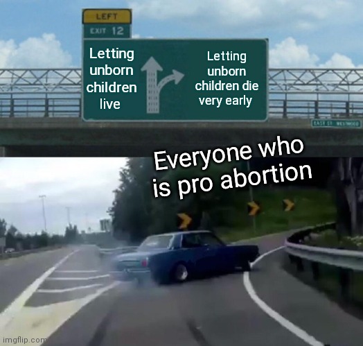 Left Exit 12 Off Ramp | Letting unborn children live; Letting unborn children die very early; Everyone who is pro abortion | image tagged in memes,left exit 12 off ramp | made w/ Imgflip meme maker