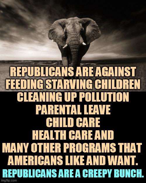 Totally out of step with their constituents. | REPUBLICANS ARE AGAINST
FEEDING STARVING CHILDREN
CLEANING UP POLLUTION
PARENTAL LEAVE
CHILD CARE
HEALTH CARE AND
MANY OTHER PROGRAMS THAT 
AMERICANS LIKE AND WANT. REPUBLICANS ARE A CREEPY BUNCH. | image tagged in gop republican elephant stupid mean and proud of it,republican,politicians,out of ideas | made w/ Imgflip meme maker