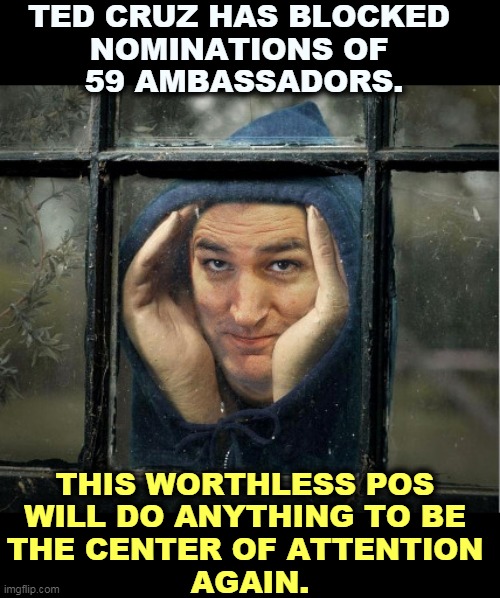 Out in the cold for a reason. | TED CRUZ HAS BLOCKED 
NOMINATIONS OF 
59 AMBASSADORS. THIS WORTHLESS POS 
WILL DO ANYTHING TO BE 
THE CENTER OF ATTENTION 
AGAIN. | image tagged in peeping ted cruz,ted cruz,selfish,malignant narcissist | made w/ Imgflip meme maker