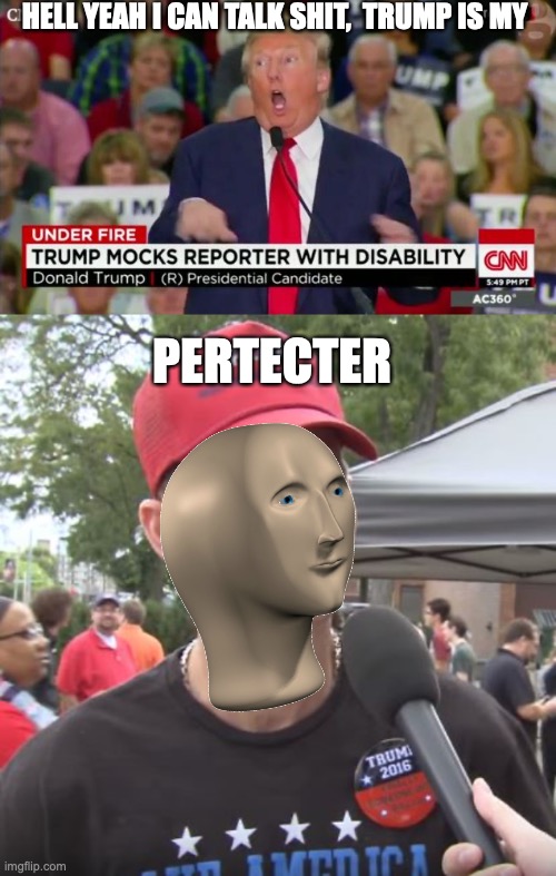 HELL YEAH I CAN TALK SHIT,  TRUMP IS MY; PERTECTER | image tagged in trump mocking disabled,trump supporter | made w/ Imgflip meme maker