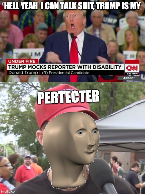 HELL YEAH  I CAN TALK SHIT, TRUMP IS MY; PERTECTER | image tagged in trump mocking disabled,trump supporter | made w/ Imgflip meme maker