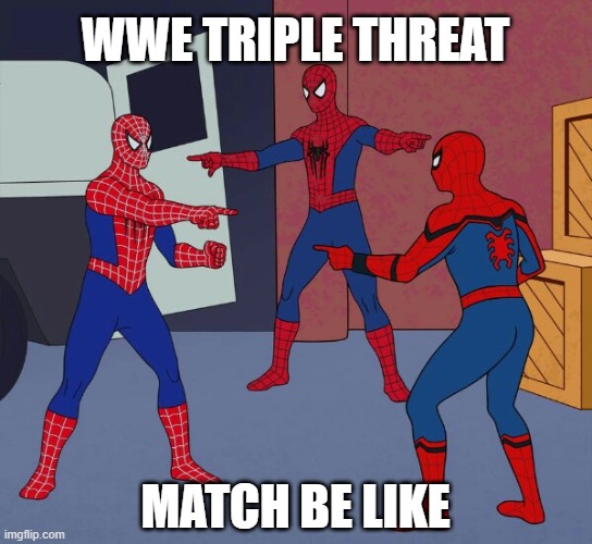 Spider Man Triple | WWE TRIPLE THREAT; MATCH BE LIKE | image tagged in spider man triple | made w/ Imgflip meme maker