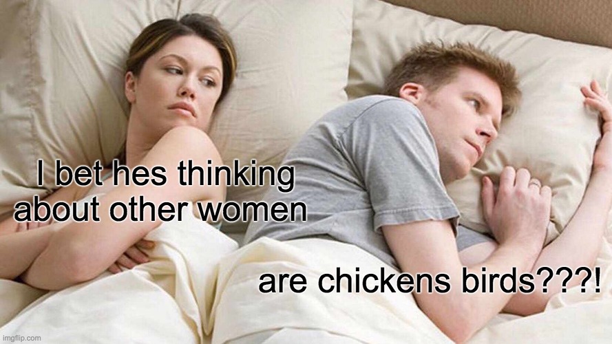 I Bet He's Thinking About Other Women | I bet hes thinking about other women; are chickens birds???! | image tagged in memes,i bet he's thinking about other women | made w/ Imgflip meme maker
