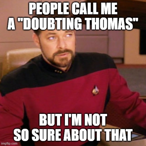 Riker Skeptical | PEOPLE CALL ME A "DOUBTING THOMAS"; BUT I'M NOT SO SURE ABOUT THAT | image tagged in riker skeptical | made w/ Imgflip meme maker
