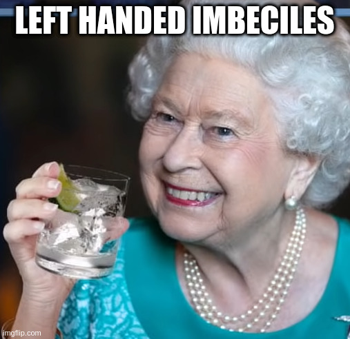 who will protect your hand rights if the queen won't? | LEFT HANDED IMBECILES | image tagged in drinky-poo,question | made w/ Imgflip meme maker