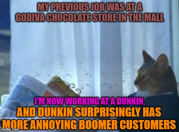 I Should Buy A Boat Cat | MY PREVIOUS JOB WAS AT A GODIVA CHOCOLATE STORE IN THE MALL; I'M NOW WORKING AT A DUNKIN, AND DUNKIN SURPRISINGLY HAS MORE ANNOYING BOOMER CUSTOMERS | image tagged in memes,i should buy a boat cat,work,dunkin donuts,boomers,job | made w/ Imgflip meme maker