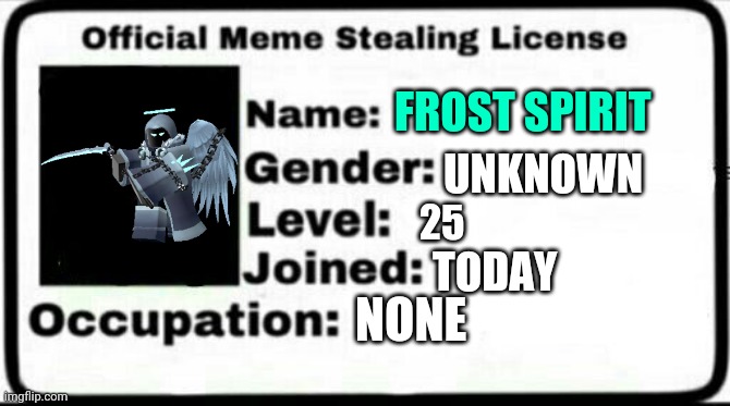 Yes | FROST SPIRIT; UNKNOWN; 25; TODAY; NONE | image tagged in meme stealing license | made w/ Imgflip meme maker
