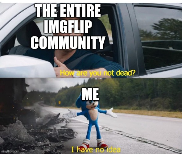 I ain't giving up | THE ENTIRE IMGFLIP COMMUNITY; ME | image tagged in sonic how are you not dead | made w/ Imgflip meme maker