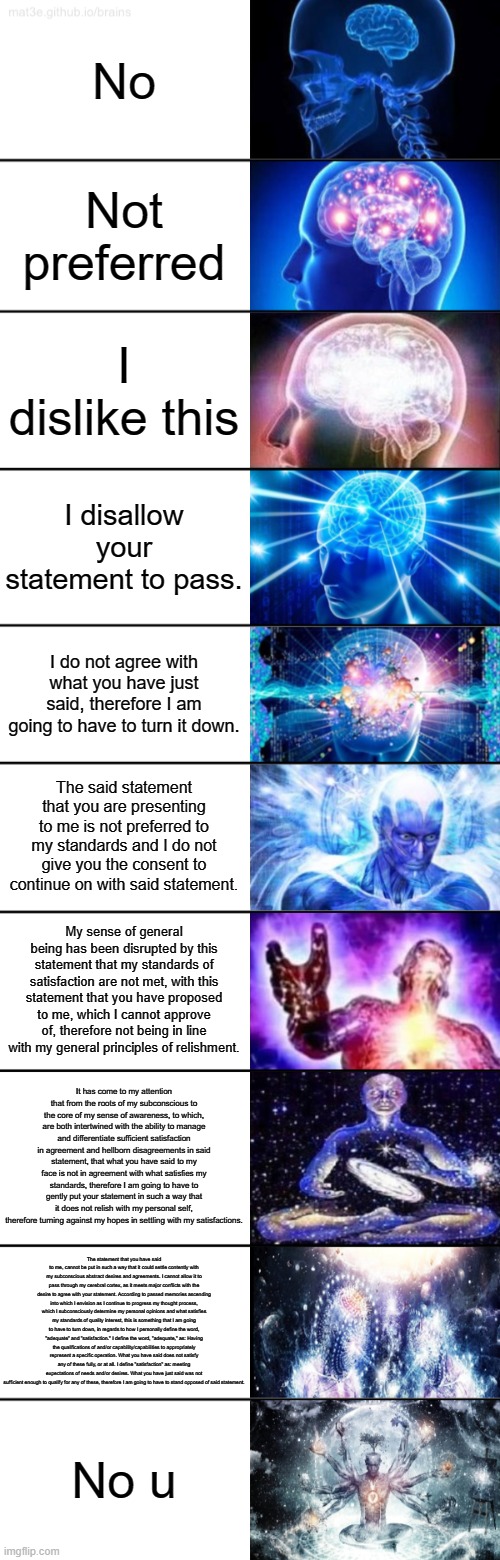 10-Tier Expanding Brain | No; Not preferred; I dislike this; I disallow your statement to pass. I do not agree with what you have just said, therefore I am going to have to turn it down. The said statement that you are presenting to me is not preferred to my standards and I do not give you the consent to continue on with said statement. My sense of general being has been disrupted by this statement that my standards of satisfaction are not met, with this statement that you have proposed to me, which I cannot approve of, therefore not being in line with my general principles of relishment. It has come to my attention that from the roots of my subconscious to the core of my sense of awareness, to which, are both intertwined with the ability to manage and differentiate sufficient satisfaction in agreement and hellborn disagreements in said statement, that what you have said to my face is not in agreement with what satisfies my standards, therefore I am going to have to gently put your statement in such a way that it does not relish with my personal self, therefore turning against my hopes in settling with my satisfactions. The statement that you have said to me, cannot be put in such a way that it could settle contently with my subconscious abstract desires and agreements. I cannot allow it to pass through my cerebral cortex, as it meets major conflicts with the desire to agree with your statement. According to passed memories ascending into which I envision as I continue to progress my thought process, which I subconsciously determine my personal opinions and what satisfies my standards of quality interest, this is something that I am going to have to turn down, in regards to how I personally define the word, "adequate" and "satisfaction." I define the word, "adequate," as: Having the qualifications of and/or capability/capabilities to appropriately represent a specific operation. What you have said does not satisfy any of these fully, or at all. I define "satisfaction" as: meeting expectations of needs and/or desires. What you have just said was not sufficient enough to qualify for any of these, therefore I am going to have to stand opposed of said statement. No u | image tagged in 10-tier expanding brain | made w/ Imgflip meme maker