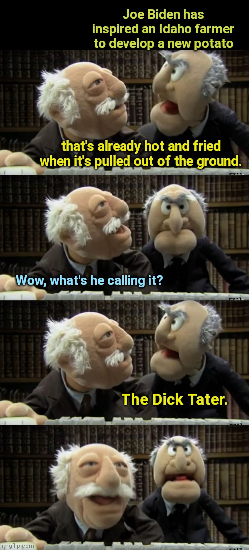 Joe Biden-inspired farming | Joe Biden has inspired an Idaho farmer to develop a new potato; that's already hot and fried when it's pulled out of the ground. Wow, what's he calling it? The Dick Tater. | image tagged in statler and waldorf at the computer,joe biden,political humor,jokes,biden sucks | made w/ Imgflip meme maker