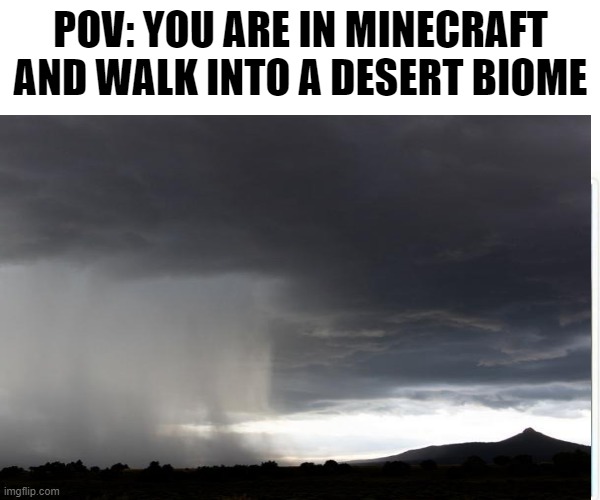 Minecraft just be like that. | POV: YOU ARE IN MINECRAFT AND WALK INTO A DESERT BIOME | image tagged in memes,minecraft,storm | made w/ Imgflip meme maker