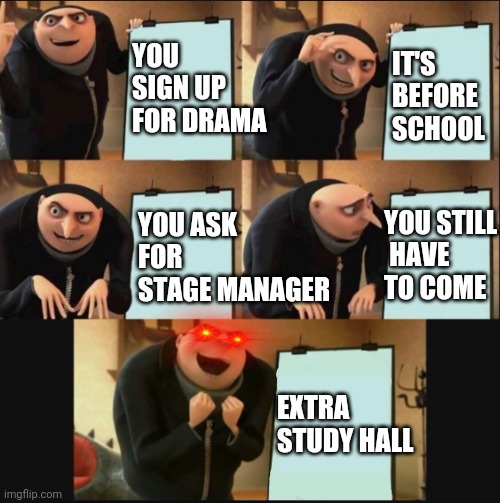 something i did :) | YOU SIGN UP FOR DRAMA; IT'S BEFORE SCHOOL; YOU STILL
 HAVE TO COME; YOU ASK FOR STAGE MANAGER; EXTRA STUDY HALL | image tagged in 5 panel gru meme,stage manager | made w/ Imgflip meme maker