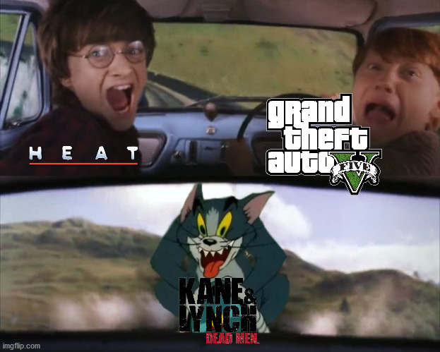 Dead men on dogs day for god's sake | image tagged in tom chasing harry and ron weasly,gta v,heat 1995,kane and lynch | made w/ Imgflip meme maker