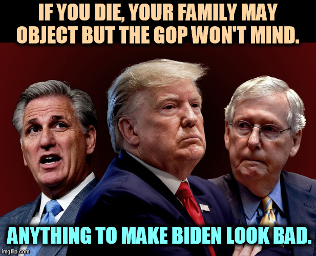 After all, what's really important in life? | IF YOU DIE, YOUR FAMILY MAY OBJECT BUT THE GOP WON'T MIND. ANYTHING TO MAKE BIDEN LOOK BAD. | image tagged in mccarthy trump mcconnell evil bad for america,gop,republicans,cold | made w/ Imgflip meme maker