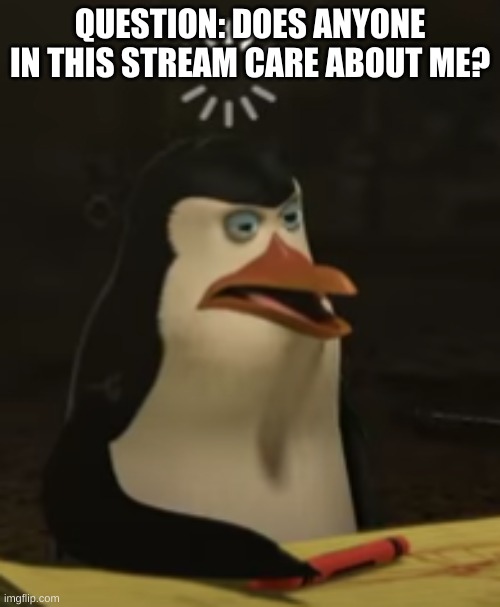 I think no one does. | QUESTION: DOES ANYONE IN THIS STREAM CARE ABOUT ME? | image tagged in derp | made w/ Imgflip meme maker