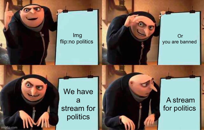 Gru's Plan Meme | Img flip:no politics; Or you are banned; We have a stream for politics; A stream for politics | image tagged in memes,gru's plan | made w/ Imgflip meme maker