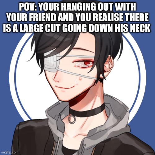 this is going to be long so if you want to you can start with a memechat link | POV: YOUR HANGING OUT WITH YOUR FRIEND AND YOU REALISE THERE IS A LARGE CUT GOING DOWN HIS NECK | image tagged in bean oc asher | made w/ Imgflip meme maker