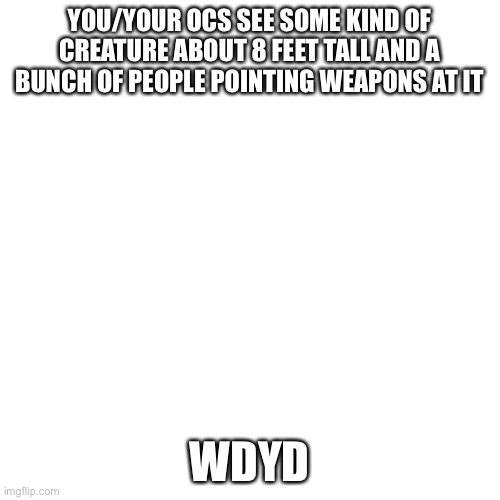 One of my two new OCs | YOU/YOUR OCS SEE SOME KIND OF CREATURE ABOUT 8 FEET TALL AND A BUNCH OF PEOPLE POINTING WEAPONS AT IT; WDYD | image tagged in memes,blank transparent square | made w/ Imgflip meme maker