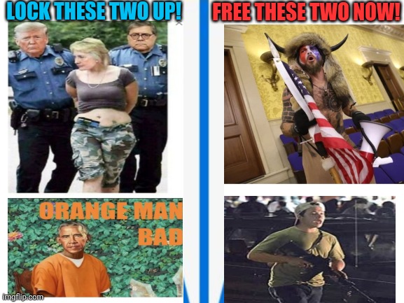 Justice - Free the Qanon Shaman | LOCK THESE TWO UP! FREE THESE TWO NOW! | image tagged in liberal vs conservative,libtard,criminals,right wing,justice,triggered liberal | made w/ Imgflip meme maker