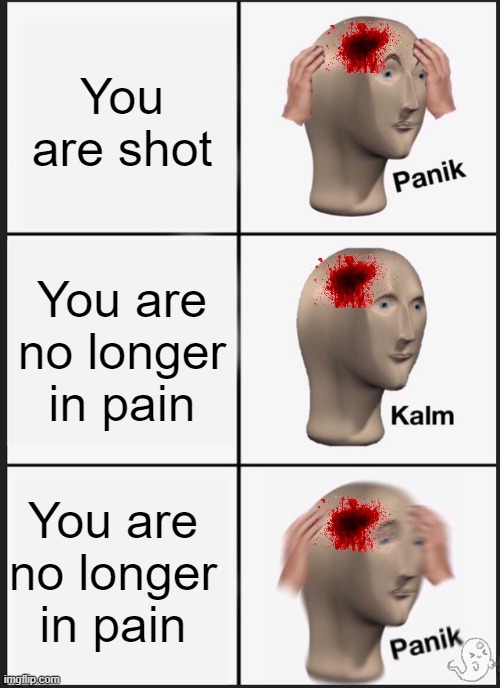 That ghost is cute in the background | You are shot; You are no longer in pain; You are no longer in pain | image tagged in memes,panik kalm panik | made w/ Imgflip meme maker
