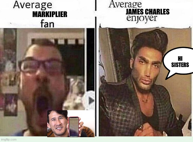 XD soo true | JAMES CHARLES; MARKIPLIER; HI SISTERS | image tagged in average blank fan vs average blank enjoyer | made w/ Imgflip meme maker