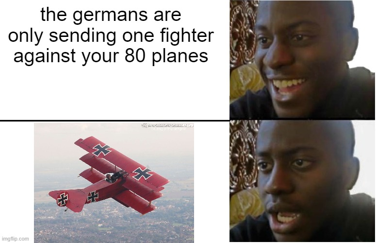 red baron lmao | the germans are only sending one fighter against your 80 planes | image tagged in disappointed black guy,memes,ww1,historical meme | made w/ Imgflip meme maker