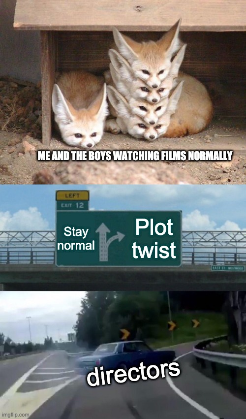 their break broke so they are drifting |  ME AND THE BOYS WATCHING FILMS NORMALLY; Stay normal; Plot twist; directors | image tagged in memes,left exit 12 off ramp | made w/ Imgflip meme maker