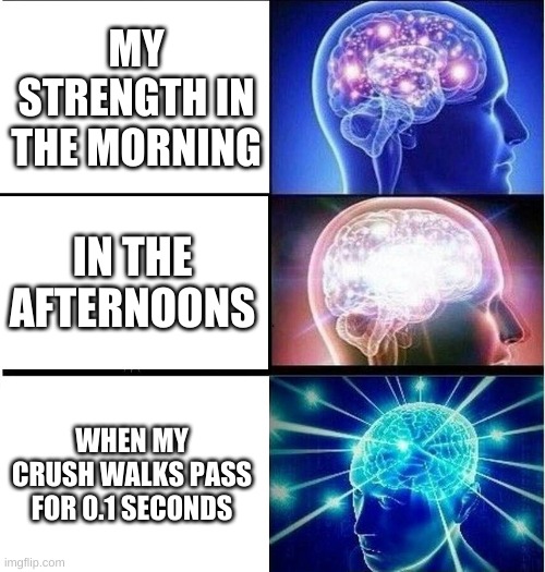 Expanding brain 3 panels | MY STRENGTH IN THE MORNING; IN THE AFTERNOONS; WHEN MY CRUSH WALKS PASS FOR 0.1 SECONDS | image tagged in expanding brain 3 panels | made w/ Imgflip meme maker