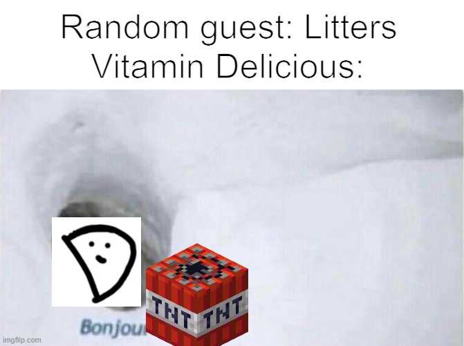 Reason one why you shouldn't litter | Random guest: Litters; Vitamin Delicious: | image tagged in bonjour bear | made w/ Imgflip meme maker