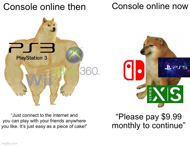 Console online gaming then vs now | Console online now; Console online then; “Just connect to the internet and you can play with your friends anywhere you like. It’s just easy as a piece of cake!”; “Please pay $9.99 monthly to continue” | image tagged in memes,buff doge vs cheems | made w/ Imgflip meme maker