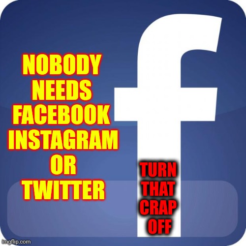 When Did Society Stop Using Their Common Sense?  ANYTHING In Excess Is Bad.  Who Doesn't Know That? | NOBODY NEEDS; FACEBOOK 
INSTAGRAM
OR
TWITTER; TURN 
THAT 
CRAP 
OFF | image tagged in facebook,addiction,internet addiction,internet,turn it off,memes | made w/ Imgflip meme maker