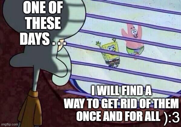 Squidward.. it's okay | ONE OF THESE DAYS . . . I WILL FIND A WAY TO GET RID OF THEM ONCE AND FOR ALL; ):3 | image tagged in squidward window | made w/ Imgflip meme maker