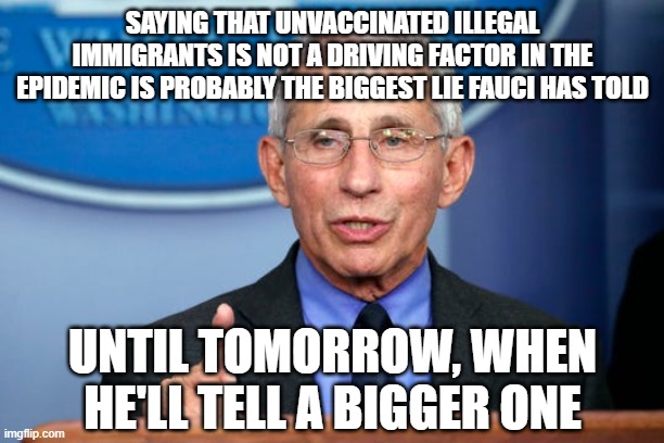 Dr. Fauci | SAYING THAT UNVACCINATED ILLEGAL IMMIGRANTS IS NOT A DRIVING FACTOR IN THE EPIDEMIC IS PROBABLY THE BIGGEST LIE FAUCI HAS TOLD; UNTIL TOMORROW, WHEN HE'LL TELL A BIGGER ONE | image tagged in dr fauci | made w/ Imgflip meme maker