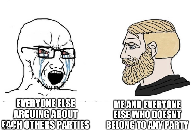 like bruh, | ME AND EVERYONE ELSE WHO DOESNT BELONG TO ANY PARTY; EVERYONE ELSE ARGUING ABOUT EACH OTHERS PARTIES | image tagged in soyboy vs yes chad | made w/ Imgflip meme maker