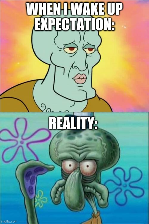 we all been there... | WHEN I WAKE UP
EXPECTATION:; REALITY: | image tagged in memes,squidward | made w/ Imgflip meme maker