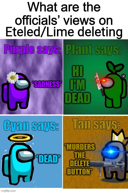 Officials’ views | Eteled/Lime deleting; *SADNESS*; HI I'M DEAD; *DEAD*; *MURDERS THE DELETE BUTTON* | image tagged in officials views | made w/ Imgflip meme maker