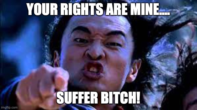 Slavery in a nutshell... | YOUR RIGHTS ARE MINE.... SUFFER BITCH! | image tagged in shang tsung,your soul is mine | made w/ Imgflip meme maker