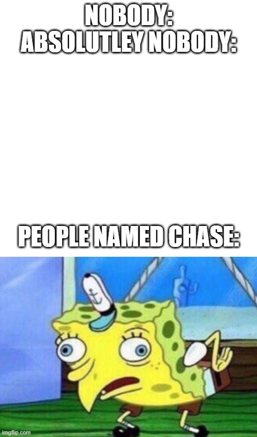 People named chase\= |  NOBODY:
ABSOLUTLEY NOBODY:; PEOPLE NAMED CHASE: | image tagged in memes,blank transparent square | made w/ Imgflip meme maker
