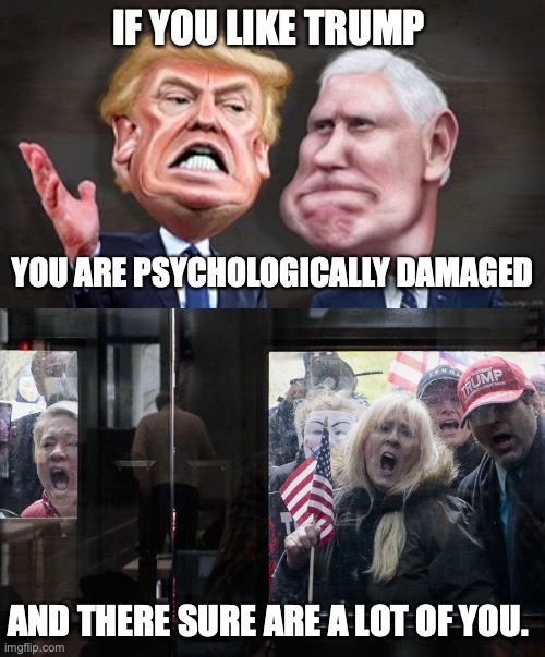 IF YOU LIKE TRUMP; YOU ARE PSYCHOLOGICALLY DAMAGED; AND THERE SURE ARE A LOT OF YOU. | image tagged in trump p,trump michigan protesters | made w/ Imgflip meme maker
