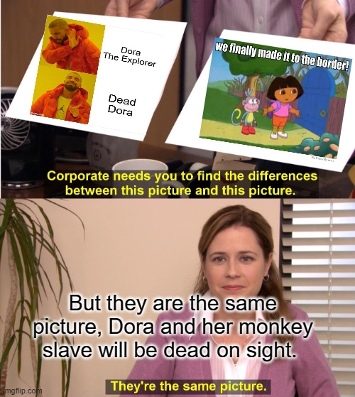 Dora Dora Dora and the Border ?? | But they are the same picture, Dora and her monkey slave will be dead on sight. | image tagged in memes,they're the same picture | made w/ Imgflip meme maker