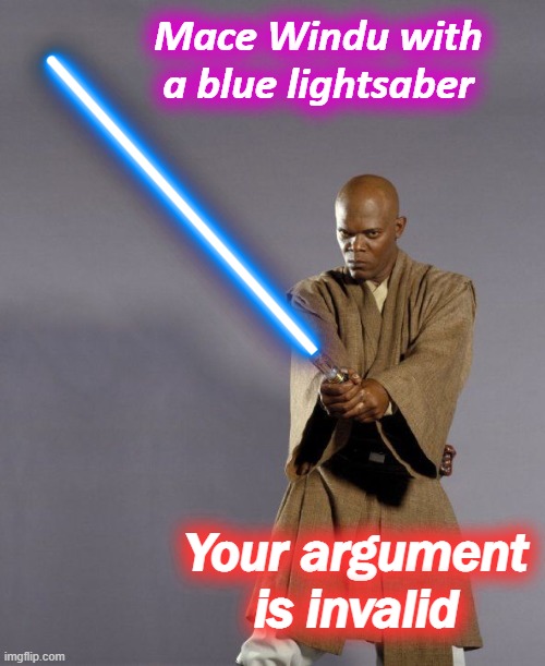 Mace Windu with a blue lightsaber; Your argument is invalid | image tagged in mace windu,lightsaber | made w/ Imgflip meme maker