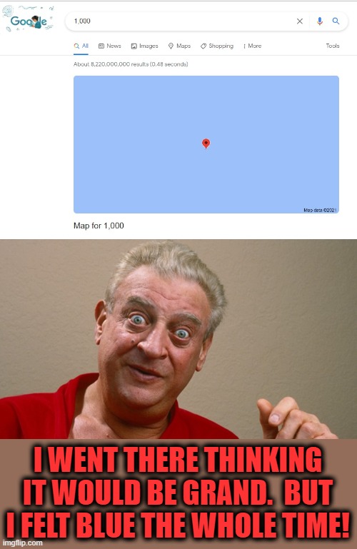 Actual Google reach result | I WENT THERE THINKING IT WOULD BE GRAND.  BUT I FELT BLUE THE WHOLE TIME! | image tagged in rodney dangerfield,memes,1000,google | made w/ Imgflip meme maker