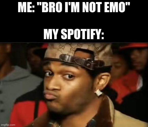 Conceited Reaction | ME: "BRO I'M NOT EMO"; MY SPOTIFY: | image tagged in conceited reaction | made w/ Imgflip meme maker