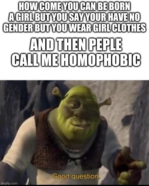 Shrek | HOW COME YOU CAN BE BORN A GIRL BUT YOU SAY YOUR HAVE NO GENDER BUT YOU WEAR GIRL CLOTHES; AND THEN PEPLE CALL ME HOMOPHOBIC | image tagged in shrek | made w/ Imgflip meme maker